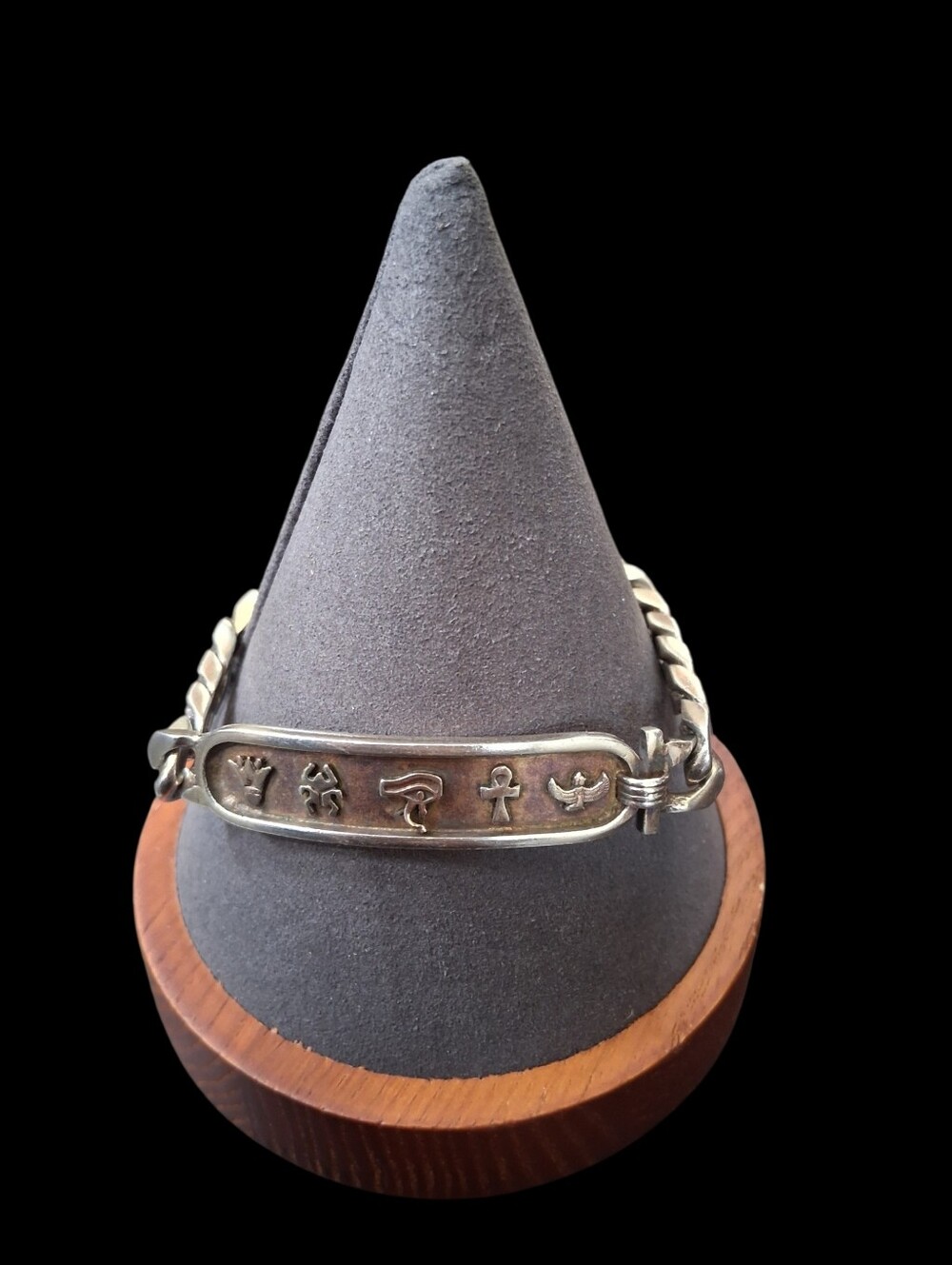 Vintage Egyptian Silver Hieroglyphic Cartouche Curb Chain Bracelet 31.9g